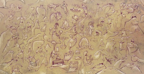 Inside cover of 'I Need My Monster' showing some monsters on sketch format